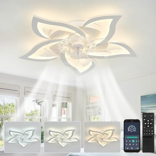 YUNLONG Lampadario con Ventilatore da Soffitto Silenzioso Bianco Ventilatore da Soffitto con Luce e Telecomando Motore DC Reversibile Memoria Dimmerabile Lampadario con Pale con 6 Velocità