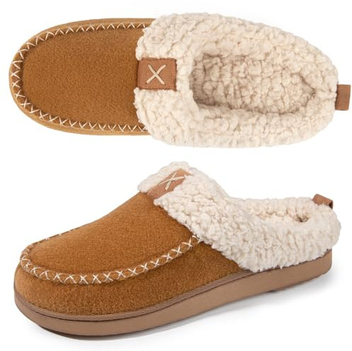 LongBay Women's Winter Slippers, Memory Foam Fluffy Moccasin House shoes with Warm Plush Fleece Lining Slip-On for Indoor Outdoor (5-6 UK, Camel)
