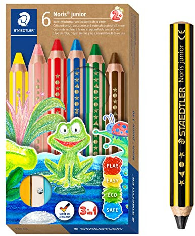 STAEDTLER 3in1 Buntstifte und Kinder Bleistift Noris junior, Bunt-, Wachsmal- und Aquarellstift, sehr dicke Mine, extra bruchsicher, ideal für Kinder, 6 Farben, Spitzer und Bleistift, 140 C6 P1X