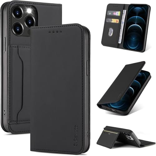 S. Dawezo Handyhülle für iPhone 12 Pro Max Hülle,Premium Leder Klappbare Flip Case [Stoßfeste][Magnetische][Standfunktion] [Kartenfächern] Tasche Schutzhülle für iPhone 12 Pro Max-Schwarz