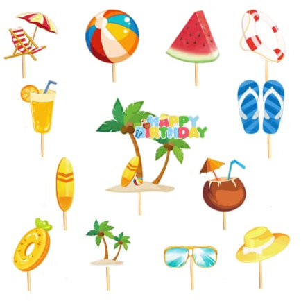 13Pcs Summer Beach Happy Birthday Cake Toppers,Hawaii Cake Toppers for Boys,Girls Summer Juicy Birthday Cake Decoration Cupcake Toppers for Girls,Kids,Baby Shower Birthday Swimming Pool Party Supplies