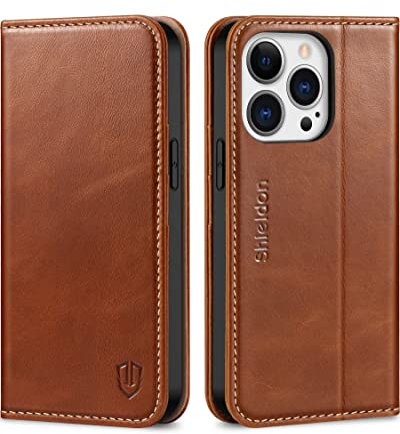 SHIELDON Hülle für iPhone 13 Pro 5G Handyhülle [Echtleder] [Kartenfach] [Magnet] [Standfunktion] [RFID-Sperre] Schutzhülle Lederhülle Kompatibel mit iPhone 13 Pro 6.1 - Retro Braun