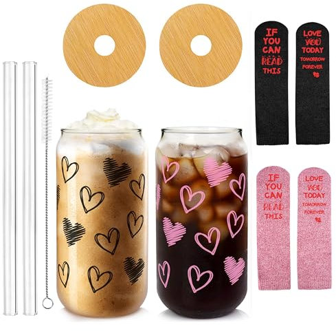 Valentinstag Eiskaffee Tassen, Valentinstag Geschenke, 20 OZ Herzen Tasse Bier Dose Glas, Valentinstag Socken, Valentinstag Glas Trinkgläser, Glas Tasse mit Bambus Deckel und Stroh bis