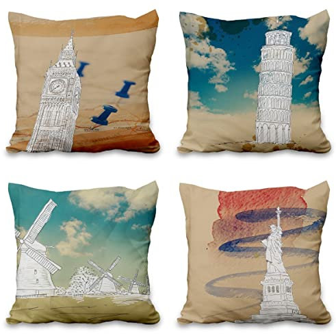 Aoihrraan 46x46cm 4er Set Dekorativ Weltberühmtes Gebäude Kissenbezug London Turm Paris Usa Niederlande Jahrgang Muster Zierkissenbezug Quadratische Couchkissen Dekokissen Wohnzimmer Sofa Bett