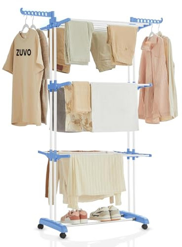 Zuvo 4 Tier-Blue Foldable Airer-Heavy Duty Stainless Steel-Perfect Indoor & Outdoor Clothes Drying Rack, L