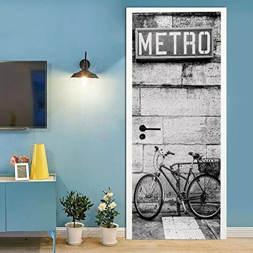 A.Monamour Türtapete Selbstklebend Türfolie Türposter 3D Fahrrad Gegen Eine Steinblockwand Unter Einem U-Bahn-Schild Weiß Und Schwarz Vinyl Folie Tapete Wandbild Türaufkleber Türtattoo 85 x 200 cm
