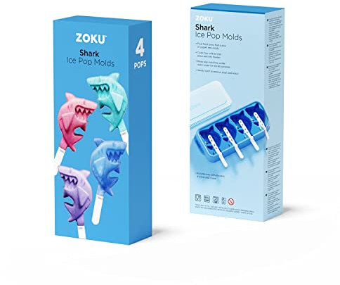 Zoku Shark Ice Pop Lolly Mould (4 Sticks) one stakable Tray with Four Shark Lolly Moulds Spill Resistant lid