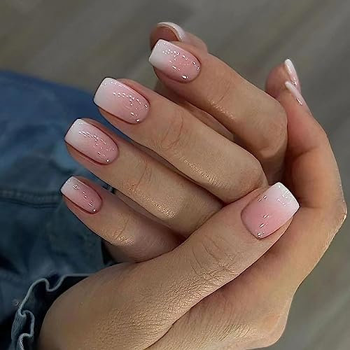Cubahop Lot de 24 faux ongles courts et carrés roses dégradés avec strass pour femmes et filles