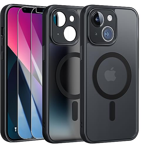 FLLAO Cover Magnetica per iPhone 13 Custodia e 2 Pellicole in Vetro Temperato, Compatibile con Magsafe, Traslucida Opaca Posteriore Sottile Antiurto Protettiva Case, Nero