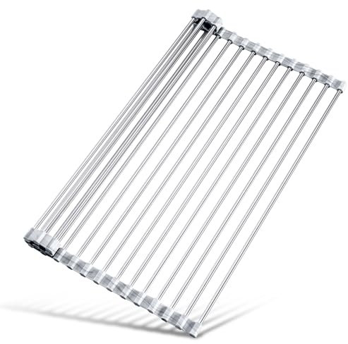 Tomorotec Mueble Escurreplatos Enrollable de Acero Inoxidable con Bordes de Silicona de Color Mármol, Estante de Cocina Plegable Resistente al Calor, Soporta hasta 70 Libras, Seguro para Alimentos