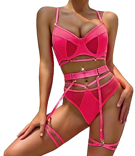 RSLOVE Ensemble de Lingerie Sexy pour Femme avec Porte Jarretelles Soutien Gorge et Culotte en Maille Rose M