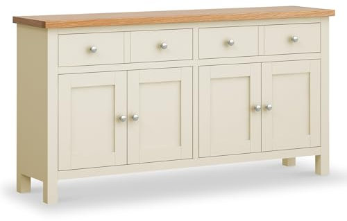 Farrow Cream Extra Large Sideboard Cabinet for Living Room | Roseland Furniture Fully Assembled Painted 4 Door Solid Wooden Storage Cupboard with Oak Top 2 Drawers for Hallway or Dining Room