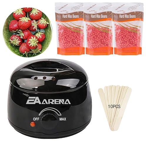 Wax Warmer Kit for Hair Removal With Bowl, 3 Bags Wax Beads, Applicator Sticks - Professional Waxing Machine for Full Body at Home (Strawberry Black Pot)