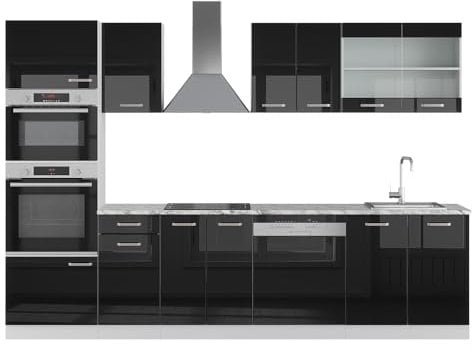 Vicco Küchenzeile R-Line, Schwarz Hochglanz/Weiß, 300 cm mit Hochschrank, AP Marmor