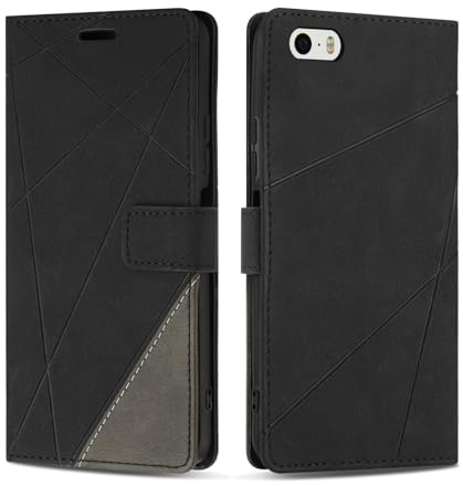SONWO Handyhülle für iPhone 5 / iPhone 5s Hülle, Premium PU Leder Handyhülle Wallet Silikon Schutzhülle Klapphülle für iPhone 5 / iPhone 5s, Schwarz