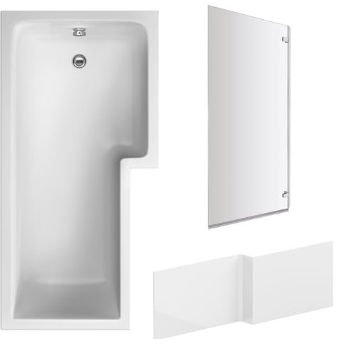 Balterley 1700 x 850mm L Shape Shower Bath with Leg Set, Chrome Square Hinge Shower Screen & L Shaped Bath Panel, Right Hand Single Ended Gloss White Soaking Baths, Acrylic Baths (White)