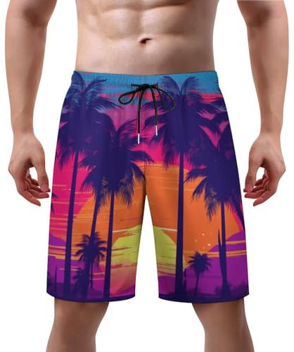 Costume da bagno da uomo, ad asciugatura rapida, con tasche foderate in rete, Palme Tramonto, 3XL