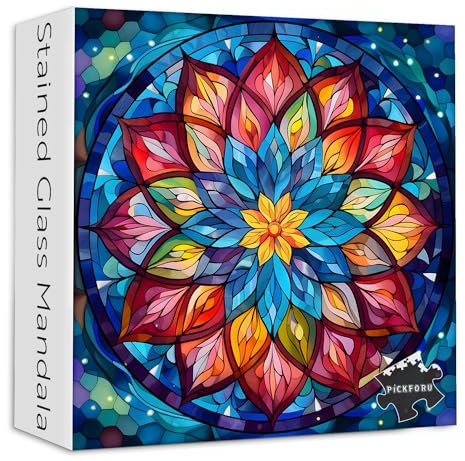 PICKFORU Buntglas-Mandala-Puzzle für Erwachsene, 1000 Teile, buntes Mandala-Blumen-Puzzle, Kunst, unmöglich, hart, schwierig, herausfordernd, Puzzles für Erwachsene