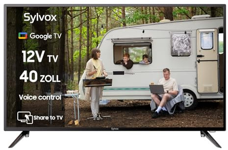 SYLVOX 40 pollici Smart TV con Adattatore 12V, Google TV per Camper, Caravan, Camion, 12 Volt 1080P Digitale Televisore, Tuner DVB-T2/S2, USB, HDMI, Wi-Fi, Google Assistant - 2 Anni di Garanzia