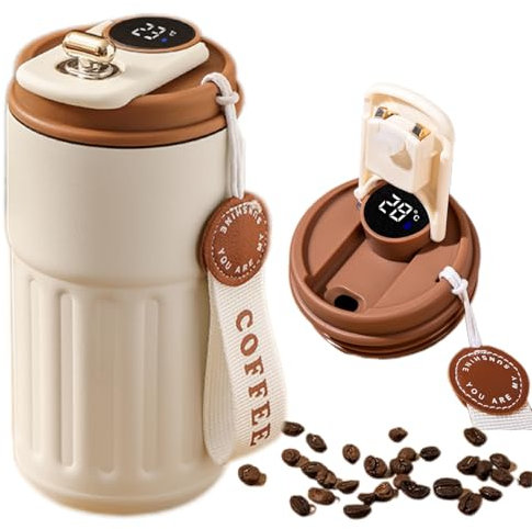 Brown Stainless Steel Insulated Cup, 460ml Coffee Thermal Mug, Thermal Mug with Temperature Indicator for Hot Water, Coffee, Tea and Cold Drinks for Home Travel Office