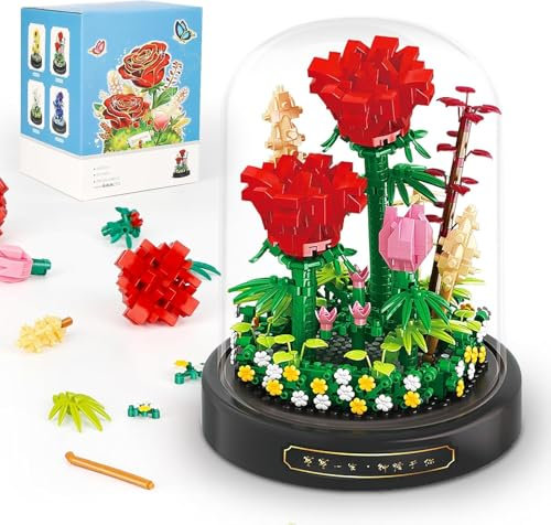 QLT QIAOLETONG Rote Rosen Blumen Micro Mini Baustein Set, Blumen Klemmbausteine mit Staubdichter Kuppel und Sockel, Geschenk für Mädchen ab 6 Jahren und Erwachsene (593 PCS)