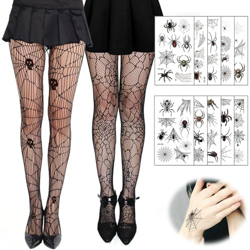 XLZJYIJ Medias de Malla, 2 Pares Pantimedias Rejillas Negro y 10 Hojas Tatuajes Temporales Arañas Halloween, Medias Mujer con Calavera Medias de Malla de Araña per Halloween, Carnaval, Fiesta Gótica
