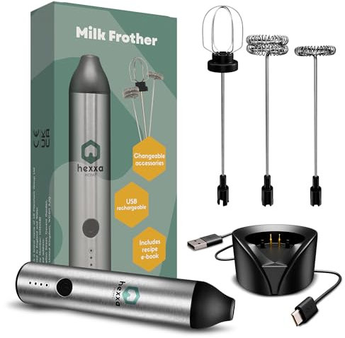 Hexxa Handheld Milk Frother, Rechargeable 3 Speed Electric Whisk with 3 Whisks, Charging Stand and USB Cable - User Guide and Recipe eBooks Included - Powerful & Durable with Long Lasting Battery