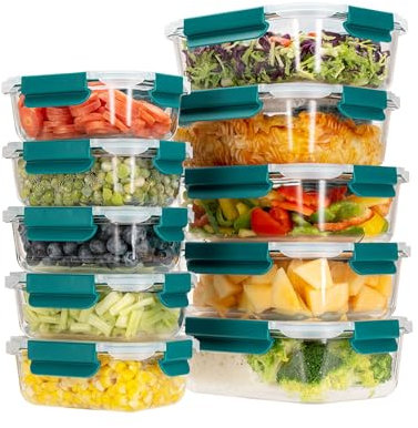 HOUSZY Glass Food Containers with Lids – Set of 10 Borosilicate Glass Meal Prep Containers with Snap-Lock Lids – Airtight, Oven, Microwave & Freezer Safe – 370ml & 1050ml (Green)