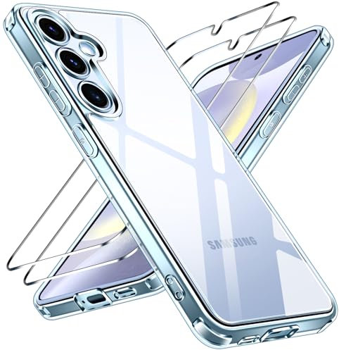 ivoler Nie Vergilbung Klar Hülle für Samsung Galaxy S24 5G, 1 Handyhülle mit 2 Stück Panzer Schutz Glas, [Militärischer Schutz] Stoßfest Transparent Schutzhülle Dünn Durchsichtige Case (Blau)