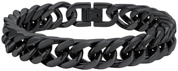 FaithHeart Herren Armband 23cm, Schwarz Punk Panzerarmband 12mm breit, Kubanische Kette Armband mit Faltverschluss für Vatertag Valentinsstag