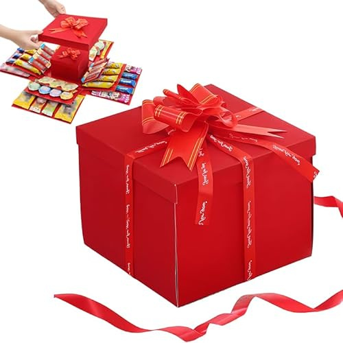 Explosionsbox Geburtstag, 5-lagige Kreative Explosions-Geschenkbox Rot | Gift Box mit Klebeband Band Schleifen, DIY Handgemachte Überraschung Box Für Valentinstagsgeschenke, Geburtstag, Hochzeitstag