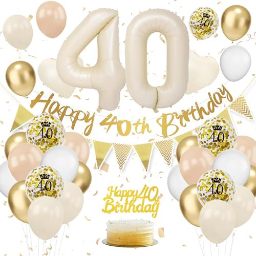 40. Geburtstag Deko Beige - Luftballon Deko für Damen und Frauen - Beige Weiß Gold Luftballons mit Banner und Tortendeko für Geburtstagsdekoration
