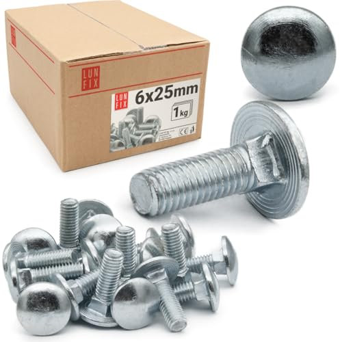Lun Fix - Viti a testa tonda con attacco quadrato - M6 x 25-1 kg (121 pezzi) - Viti a testa tonda - filettatura completa - Viti a testa a fungo - acciaio zincato