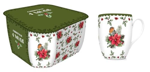 RSW Christmas Set of 4 Robin and Poinsettia Mugs - 350ml - Porcelain - Gift Idea for Christmas Xmas - Robin Themed Mug, UK Design, Hot Drinks, Tea, Coffee - Christmas Mug
