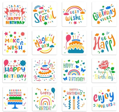 16 Stück Schablonen Malen Happy Birthday, 15 x 15 cm Malschablonen Wiederverwendbare Kuchenschablonen Zeichnungsvorlagen zum Malen, DIY Geburtstagsfeier Vorlagen Dekor