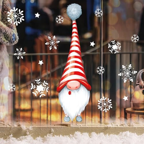 Wandtattoo Loft Fensterbild Weihnachten Winter einzelne Zwerge Wichtel rote Mütze gestreift und Schneeflocken Fensteraufkleber wiederverwendbar / A4 Bogen