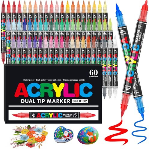 Funnasting 60 Couleurs Feutre Acrylique, Double Pointe Feutre à Base D'eau Marqueur Acrylique pour Colorier, Verre, Tissu, Céramique, œufs, Peinture sur Pierre et Bricolage