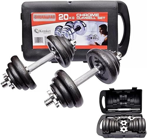 Kemket 20kg Cast Iron Dumbbell Set – Adjustable Iron Dumbells with Chrome Spinlock Bars & Case – Cast Iron Dumbell Weights for Strength Training & Home Workouts