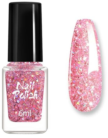 Vernis à ongles à paillettes roses - Vernis à ongles à paillettes pour ongles irisés - Vernis à ongles longue durée à séchage rapide avec ingrédients naturels - 6 ml - Rose