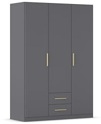 Rauch Möbel Belfast Kleiderschrank, Schrank, Garderobe, Organizer, 3-türig, 2 Schubladen für mehr Stauraum, Farbe Grau metallic, Schwarz, Holzgriff Eiche Massiv, 136x197x54cm