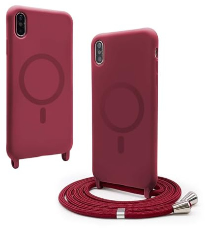 BGHHEU Silicone Coque Magnétique pour iPhone XR avec Cordon,Compatible avec MagSafe,Étui Housse Silicone avec Portable Lanyard Réglable, Rouge