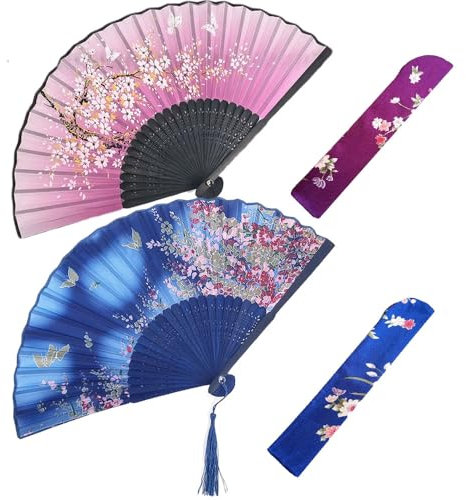 Belegao 2PCS Folding Hand Fans - Elegant Hand Fans with Pouch Tassel Bamboo Silk Fabric Portable Handheld Fan Chinese Fans for Birthday Gifts Cosplay Party Prom Performance Daily
