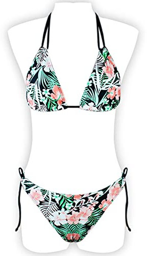 Bikini Floral Tropical, Haut Triangle Dos Nu, String avec Liens, Vert Rose