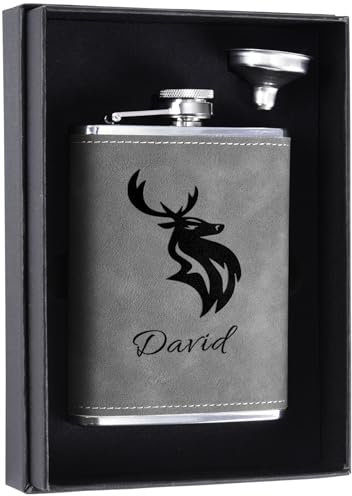 Custom Gift with Deer Antlers Icon, 8 oz Personalized Hip Flask for Men, Stainless Steel Engraved Flask for Hunting Travel Hiking Climbing, Grey
