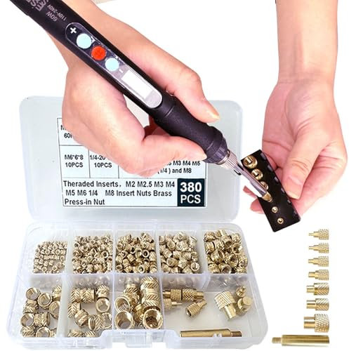 Kit d'outils d'insertion thermique - Écrous en laiton - Impression 3D - 60 W - Fer à souder numérique et 380 pièces - Inserts filetés avec embouts M2 M2.5 M3 M4 M5 M6 (1/4) M8 pour inserts