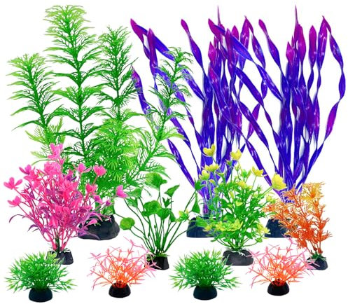 Lot de 11 accessoires d'aquarium - Plantes artificielles - Plantes aquatiques - Mini étang - Plantes en plastique - Poisson - Réservoir - Tortue - Décoration d'aquarium - Violet - Vert - Rose rouge