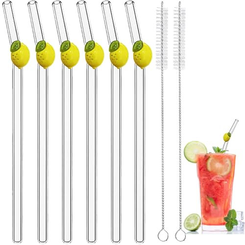 Reusable Glass Straws with Charms, 7.9'' x 8mm Cute Clear Drinking Straws for Smoothies, Coffee, Juice, Milk, Cocktails, Set of 6 Bent and 2 Cleaning Brushes (Yellow Lemon)