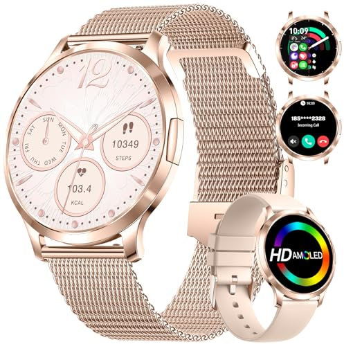 HIRREO Smart Watch Women for iOS Android Phone Call 7.9mm Thin 1.32 HD AMOLED Touchscreen Smartwatch Ladies Rose Gold,2 Straps,Calorie,100+ Sports Modes/Heart Rate/Sleep Monitor/Menstrual Cycle