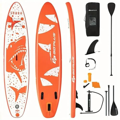 Goplus Orange Aufblasbares Stand Up Paddle Board 335cm - Hai Design, SUP Board mit Verstellbarem Paddel, Pumpe, Tragetasche, Leichtes PVC, für Erwachsene, Yoga, Angeln, Freizeit
