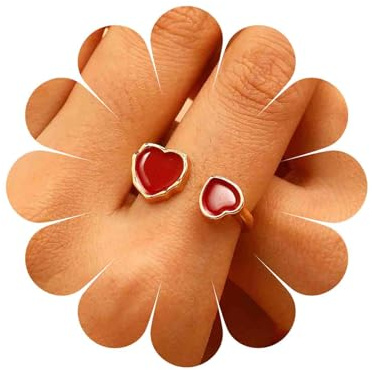 Cybche Vintage Niedlich Doppelherz Ringe Weiß Opal Herz Halb Offen Ring Kleine Herzen Offen Einstellbar Ring Hochzeit Kristall Mondstein Liebe Wickeln Finger Knöchel Ringe Schmuck Für Frauen
